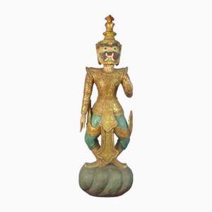 Thailändischer Künstler, Antike Tempelstatue mit Mosaik, 1900, Holz & Farbe