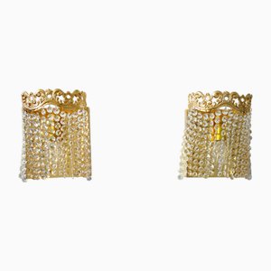 24 Carat Gold-Plated Brass & Lead Crystal Wall Lamps from Sölken Leuchten, 1970s, Set of 2