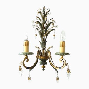 Lampada da parete in metallo patinato verde e cristallo di Maison Bagues, anni '40