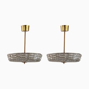 Brass and Crystal Ceiling Lamp attributed to Carl Fagerlund for Orrefors, Sweden, 1960s