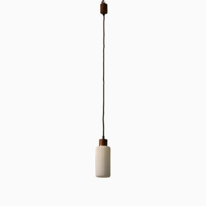 Mid-Century Pendant Lamp in Opaline Glass and Teak, Italy, 1950s