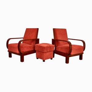 Art Deco Black Walnut and Veneered Armchairs & Ottoman, Hungary, 1930s, Set of 3