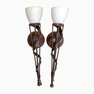 Mid-Century Wall Lamps with Alabaster Shades, 1980, Set of 2