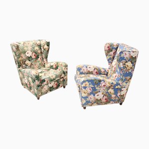 Set of Vintage Floral Fabric Wingback Chairs by Paolo Buffa, 1950s
