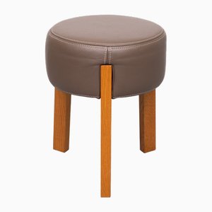 Pouf in pelle con tre gambe in quercia, anni '90