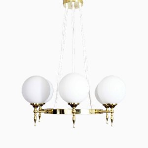 Brass and Opal Glass Chandelier from Kaiser-Leuchten, Germany, 1970s