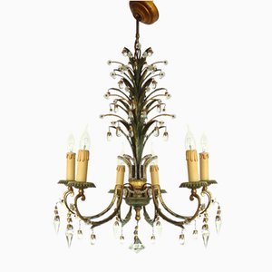 Burnished Metal & Crystal 6-Bulb Chandelier from Maison Baguès, 1930s