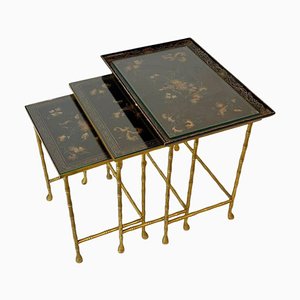 French Nesting Tables in Lacquered Wood and Brass from Maison Jansen, Set of 3