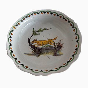 Antique Nevers Earthenware Salad Bowl with Gadrooned Dog Decoration