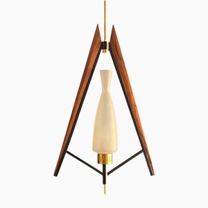 Lampada da soffitto Mid-Century in teak e vetro opalino, anni '60