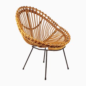 Chaise Mid-Century en Rotin et Métal Noir, Italie, 1950s