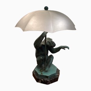 Tischlampe eines Affen mit Regenschirm von Le Verrier, 1920er
