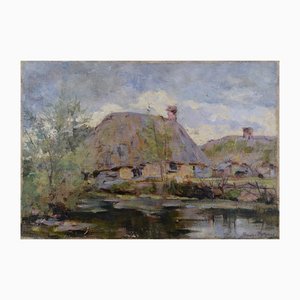 Artista impressionista, Cottage con il tetto di paglia di Stream, 1890-1910, Olio su tela