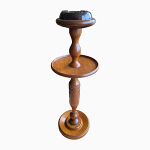 Vintage English Turned Wood 2 Tier Smokers Stand with Bakelite Ashtray, 1930