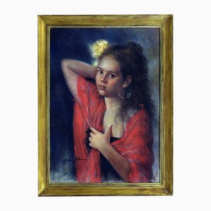 Giovanni Faliero, Portrait, Wax Crayon and Gouache on Cardboard, 1990s, Framed