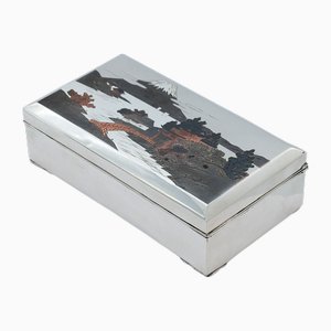 Japanese Silver Box with Inlaid Mixed Metal Panel, 1950s