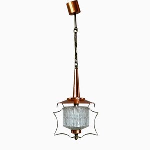 Lámpara colgante Mid-Century de vidrio y metal cobre, 1950
