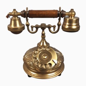 Telefono da scrivania Telcer vintage in ottone e legno, anni '50