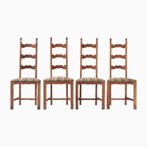 Art Nouveau Scandinavian Skönvirke Chairs in Carved Oak, Denmark, 1930s, Set of 4