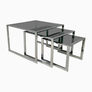 Italian Modern Trio of Coffee Tables in Smoked Glass and Metal, 1980s