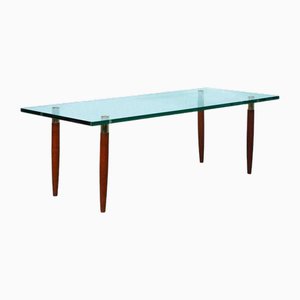 Table Basse Vintage en Verre, Teck & Laiton