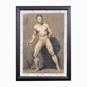 Eduard Braun, Academic Life Study Drawing of a Male Nude Carrying a Staff, 1800s, Charcoal & Pencil & Paper, Framed
