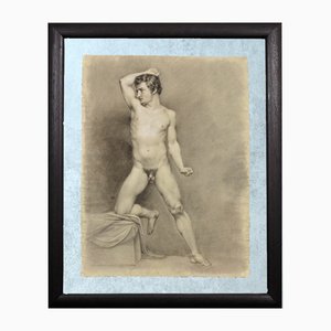 Eduard Braun, Academic Life Study Drawing of a Male Nude Half Kneeling Pose, 1800s, Charcoal & Pencil & Paper, Framed