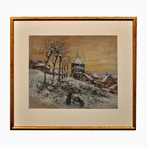 Gaston Cornil, Gathering Winter Fuel, Time of the Great War, 1890s, Gouache & Watercolor & Paper, Framed