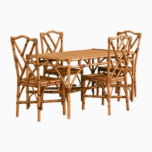 Mobilier de Salle à Manger Vintage en Bambou et Tissu de Roseau, 1970s, Set de 5