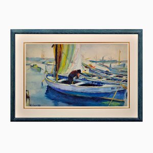 Paul Delvaux, La Belle Anna, the Port of Cannes, Gouache & Watercolor & Paper, Framed