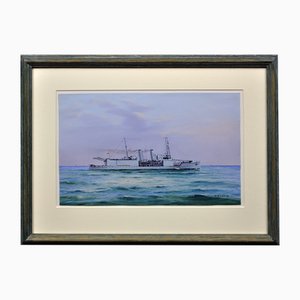 Vincenzo Desposito, HMS Nairana Royal Navy Seaplane Carrier, 1890s, Gouache & Paper, Framed