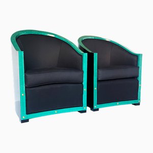 Set of Deco Armchairs in Wood and Green Parchment, 1930s