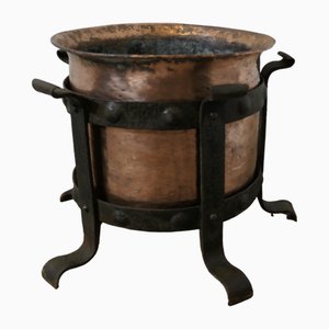 Antique Arts and Crafts Copper and Wrought Iron Log Bin, 1890s