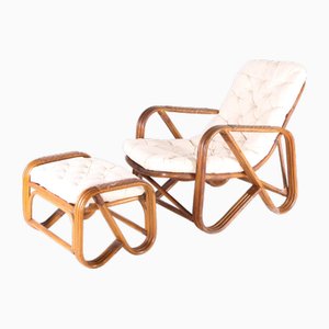 Fauteuil et Ottomane Vintage en Rotin, 1970s, Set de 2