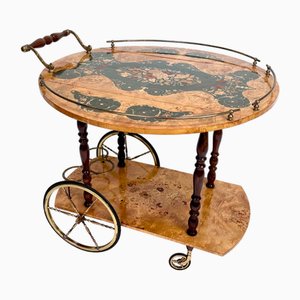 Italian Sorrento Wood Marquetry Serving Bar Cart with Ornate Brass Details and Foldable Table Top, 1930s
