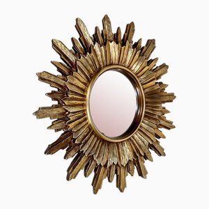 Miroir Mural Sunburst Style Baroque en Bois Doré, France, 1930s