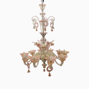Großer venezianischer Kronleuchter aus rosa Muranoglas, 1960er