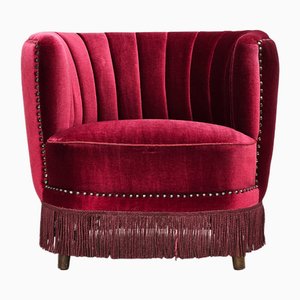 Poltrona in velluto rosso ciliegia, Danimarca, anni '70