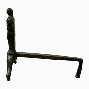 Vintage French Gothic Iron Andirons with Guardians, Set of 2