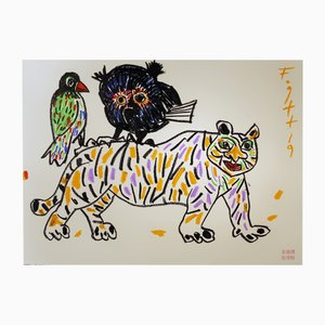 Andrzej Fogtt, an Owl with a Woodpecker and a Tiger, 2019, Pastel & Paper
