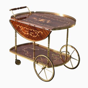 Serving Drink Bar Cart Trolley with Side Flaps in Marquetry Inlays, 1970s