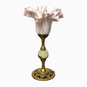 Tischlampe aus Messing Onyx mit Glasschirm, 1950er