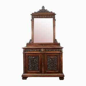 Antique Italian Credenza with Mirror in Carved Walnut, 1800s