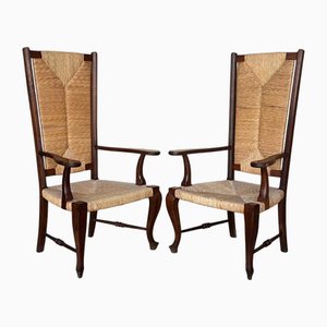 Set of 20th Century Spanish Walnut Armchairs with High Back and Seat Caned, 1940s