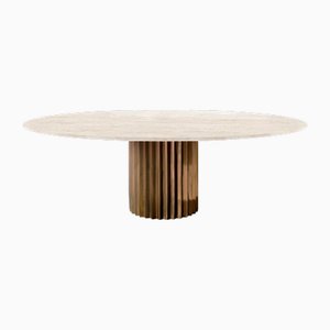 Doris Oval Pedestal Dining Table in Travertine and Cast Bronze by Fred&Juul