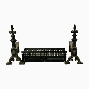 Large 19th Century Inglenook Andirons and Grate, Set of 3