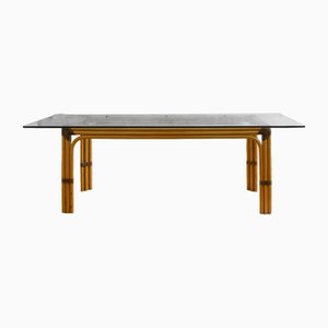 Couchtisch aus Korbgeflecht mit Ledereinfassungen & Glasplatte von Studio Smania, 1970er