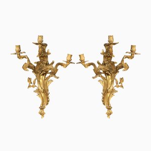 Louis XV French Wall Lights in Gilded Bronze, 1950s, Set of 2