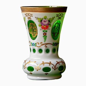 Biedermeier White Overlaid Clear Yellow Glass, Glass with Gold and Flower Motifs Painted Enamel, Deep Cut Lenses and Gold Green Vase, 1890s