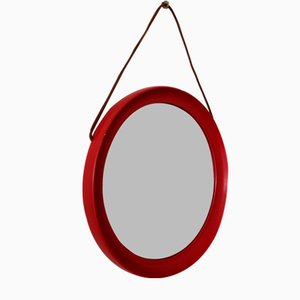 Mid-Century Scandinavian Red Round Wooden Mirror with Leather Strap, 1950s